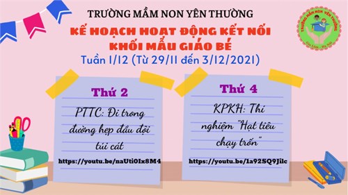 Kế hoạch hoạt động kết nối khối mẫu giáo bé ( tuần 1/12/2021)